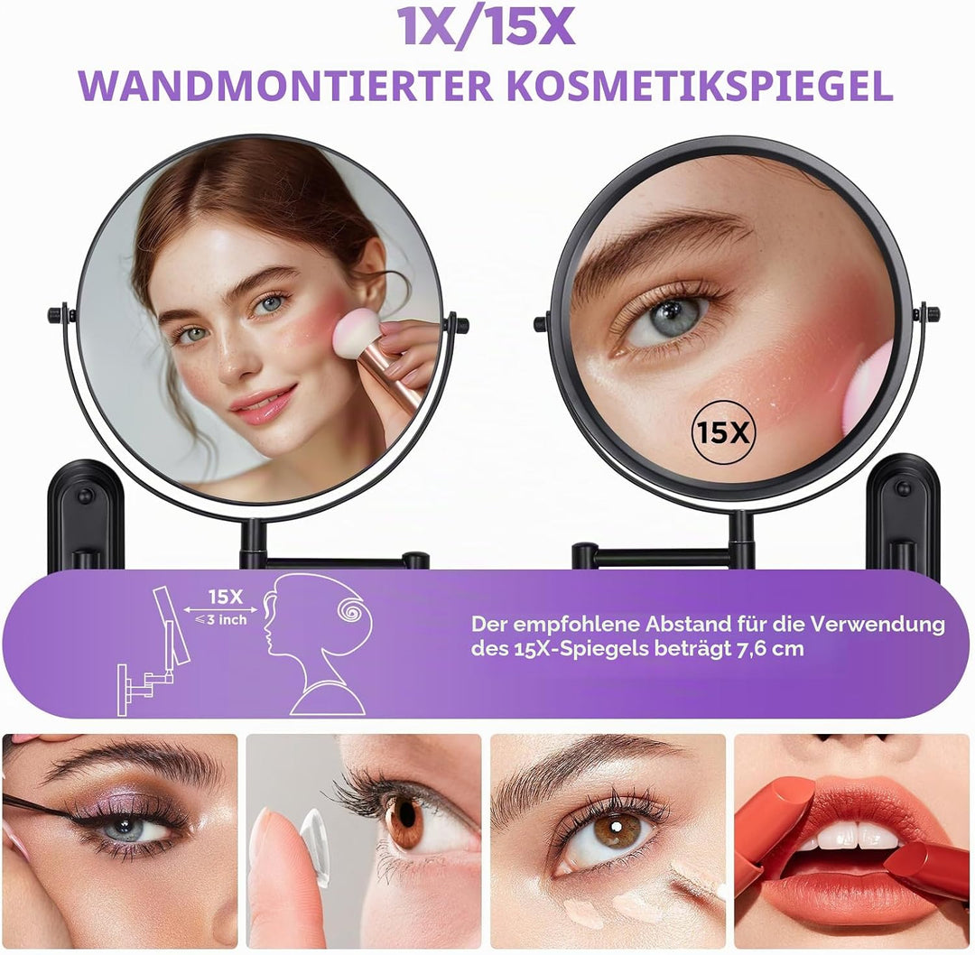 VORREMIRR Wandmontierter Make-up-Spiegel - 1X / 15X Vergrössernder Make-up-Spiegel mit erweitertem A