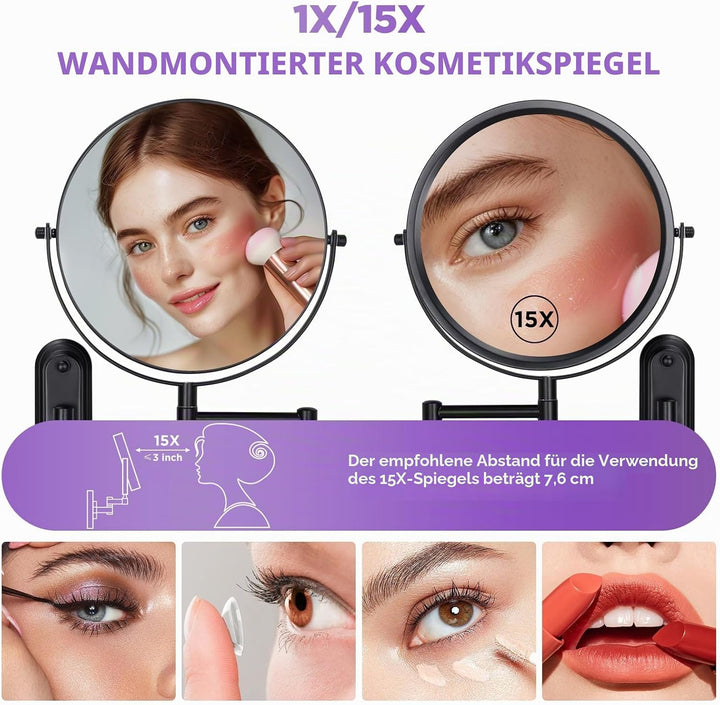 VORREMIRR Wandmontierter Make-up-Spiegel - 1X / 15X Vergrössernder Make-up-Spiegel mit erweitertem A