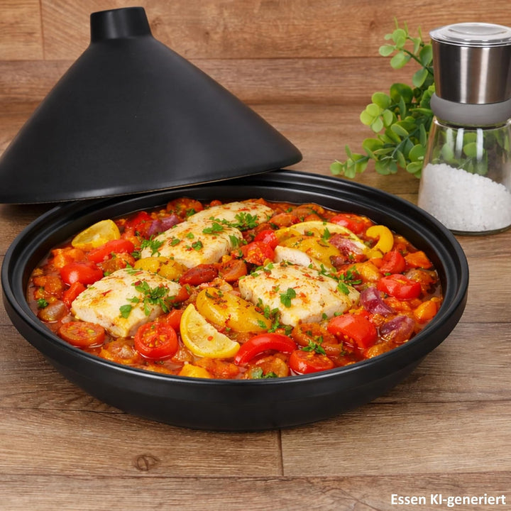 MamboCat Tajine aus Steingut matt schwarz I orientalische Schmorform mit Deckel I moderne Servier- &
