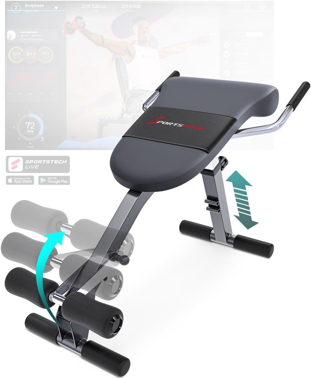 Sportstech einzigartiger 3in1 Rücken- & Bauchtrainer, Schrägbank Hantelbank klappbar, Multifunktion