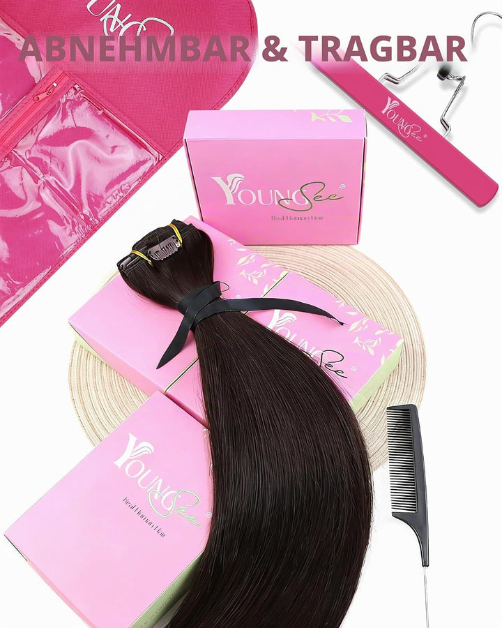 YoungSee Echthaar Extensions Clip Braun Clip in Extensions Echthaar Dunkelbraun 45 cm Clip in Extens