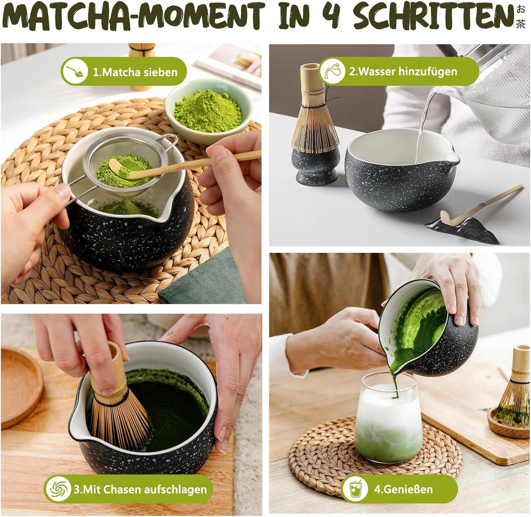 Matcha Set 7-teilig | Premium Tee-Zeremonie Set mit Matcha-Schale, Bambus-Chasen, Halter, Löffel, Si