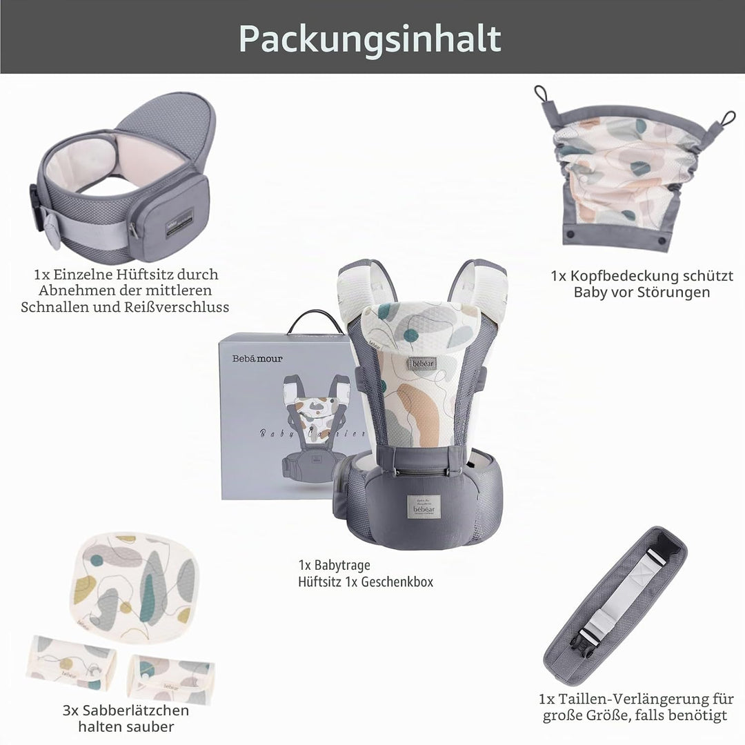 Bebamour Babytrage, ergonomisch, mit Hüftsitz, reine Baumwolle, leicht und atmungsaktiv, mehrere Pos