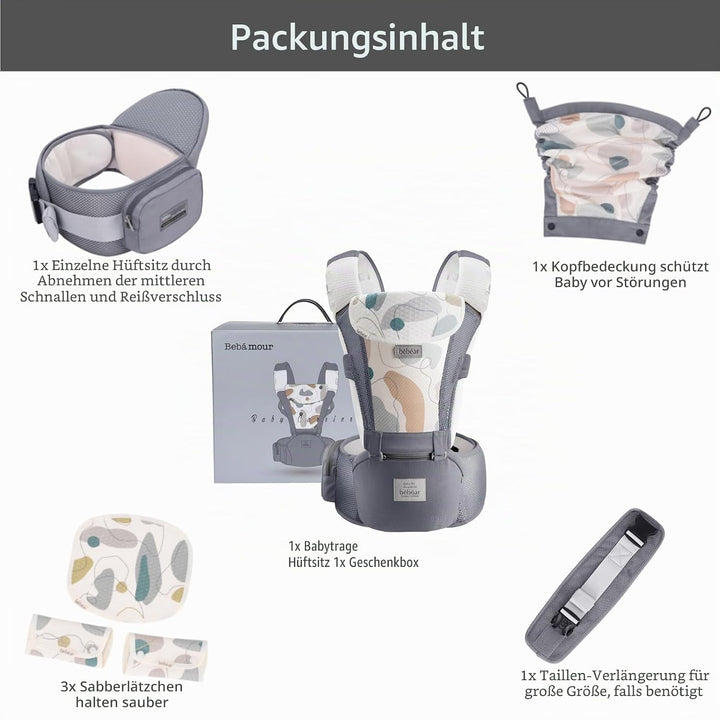 Bebamour Babytrage, ergonomisch, mit Hüftsitz, reine Baumwolle, leicht und atmungsaktiv, mehrere Pos