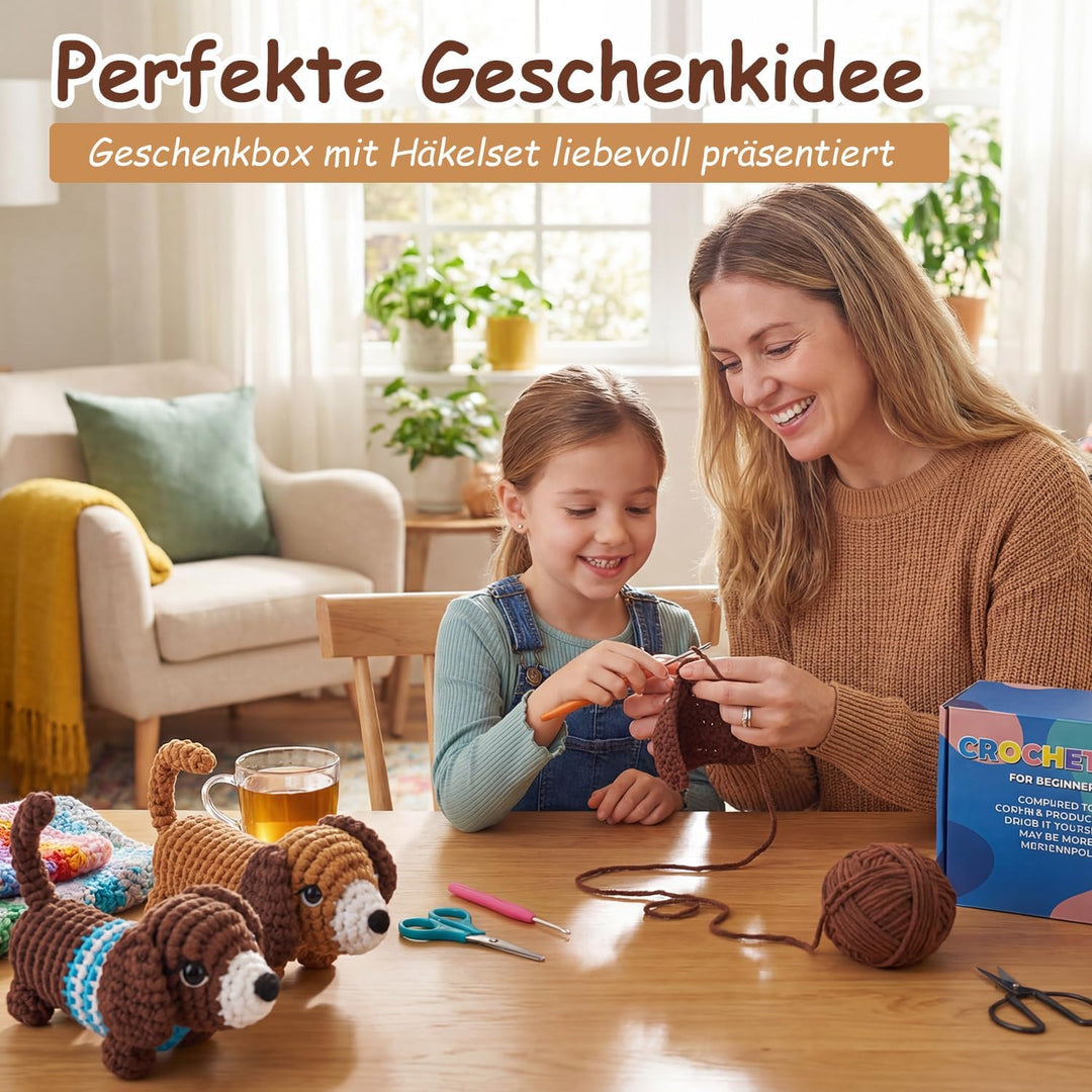 Yoljun Dackel Häkelset für Anfänger mit Häkel Zubehör, Häckel Kit inkl Garn, Video-Tutorial Set, Häk