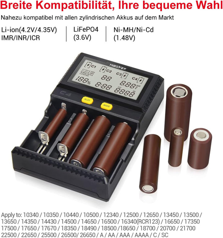 Universal akku Ladegerät, 18650 Baterieaufladegerät mit 4 Schacht, LCD-Display Batterien Ladegerät f