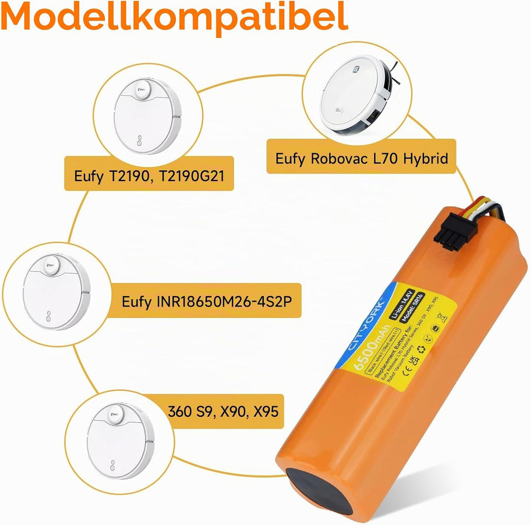 CITYORK Li-ion 14,4 V 6500mAh Akku für Eufy Robovac L70 Hybrid, T2190, T2190G21 /INR18650M26-4S2P, B