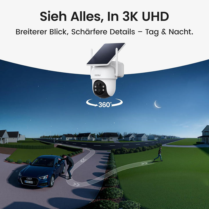 aosu 3K Überwachungskamera Aussen Solar Akku, 8 Cam-Kit & aosuCortex, Kein ABO, 5MP UHD, 32GB Lokal