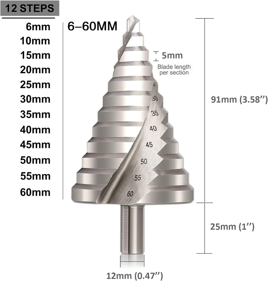 Hotiko HSS Stufenbohrer [12mm Schaft] Kegelbohrer Ø 6-60mm Schälbohrer ideal für Metall, Holz, Kunst