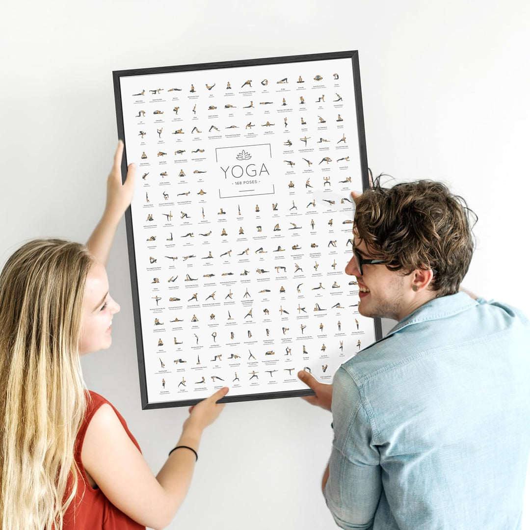 JUNOMI® Yoga Poster DIN A2 mit Rahmen Schwarz, Yoga Zubehör für Studios und Übungen Zuhause, perfekt