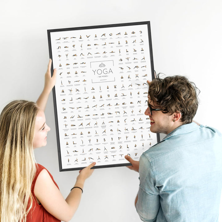 JUNOMI® Yoga Poster DIN A2 mit Rahmen Schwarz, Yoga Zubehör für Studios und Übungen Zuhause, perfekt
