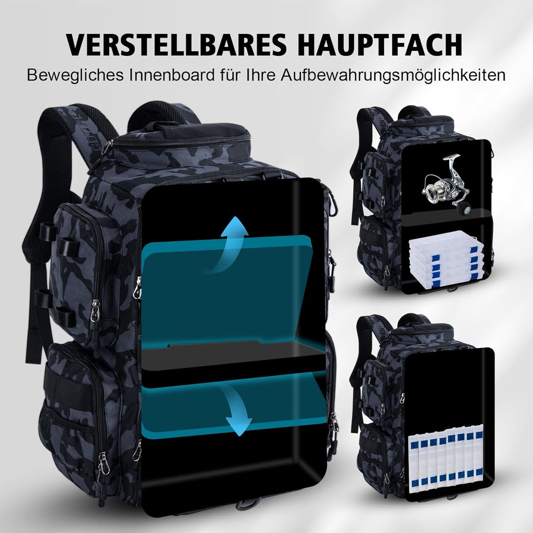 Goture Angelrucksack mit 4 Köderbox Angeln, 45-Liter Angelzubehör-Rucksack mit Zwei Rutenhaltern und
