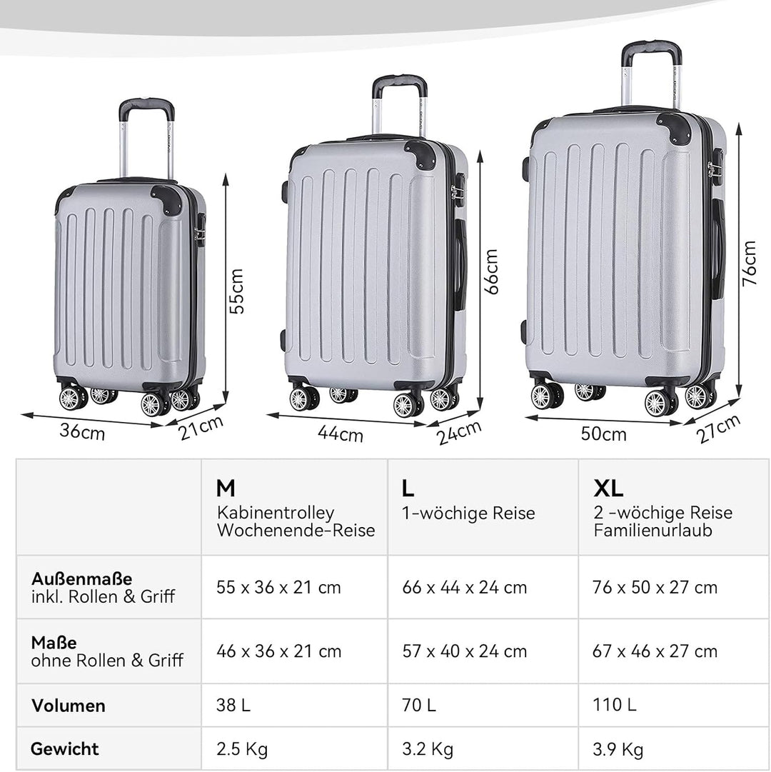 BEIBYE Hartschalen-Koffer Trolley Rollkoffer Reisekoffer Handgepäck 4 Rollen (M-L-XL-Set) (Silber, M