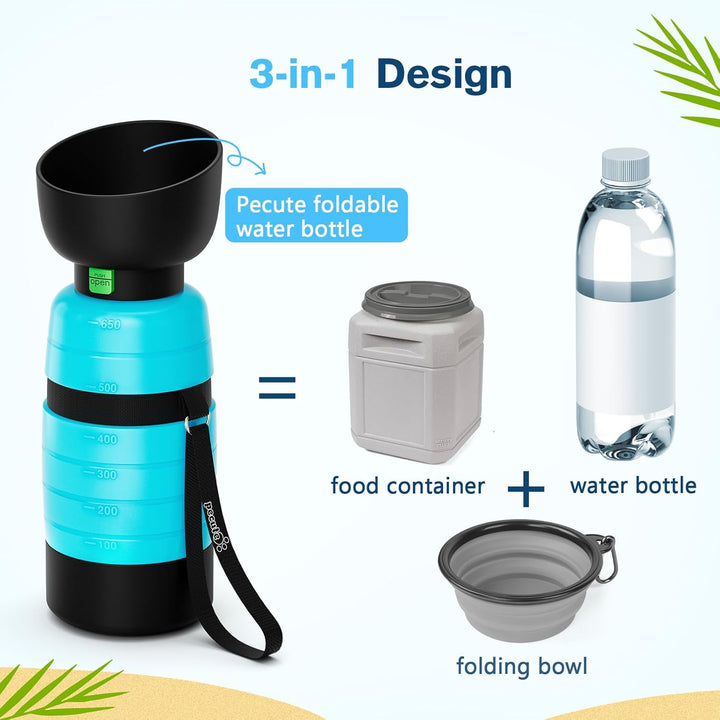 Pecute Hunde Wasserflasche 650ml mit Lebensmittelbehälter 3-in-1, Tragbare Welpen Trinkflaschen Ausl