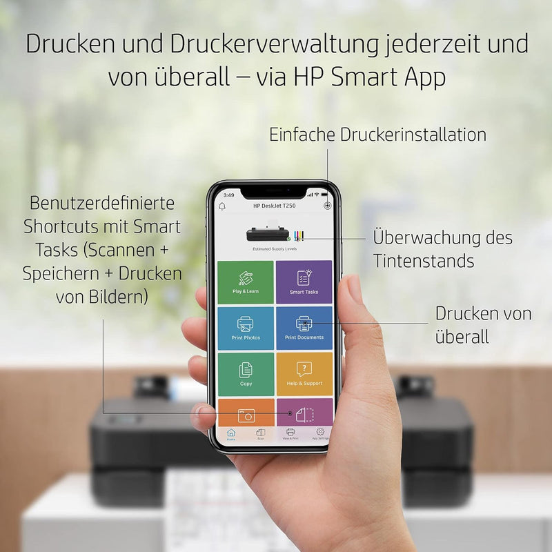 HP DesignJet T250 Grossformatdrucker, 24 Zoll, bis zu A1, mobiles Drucken, Wi-Fi, Gigabit Ethernet,