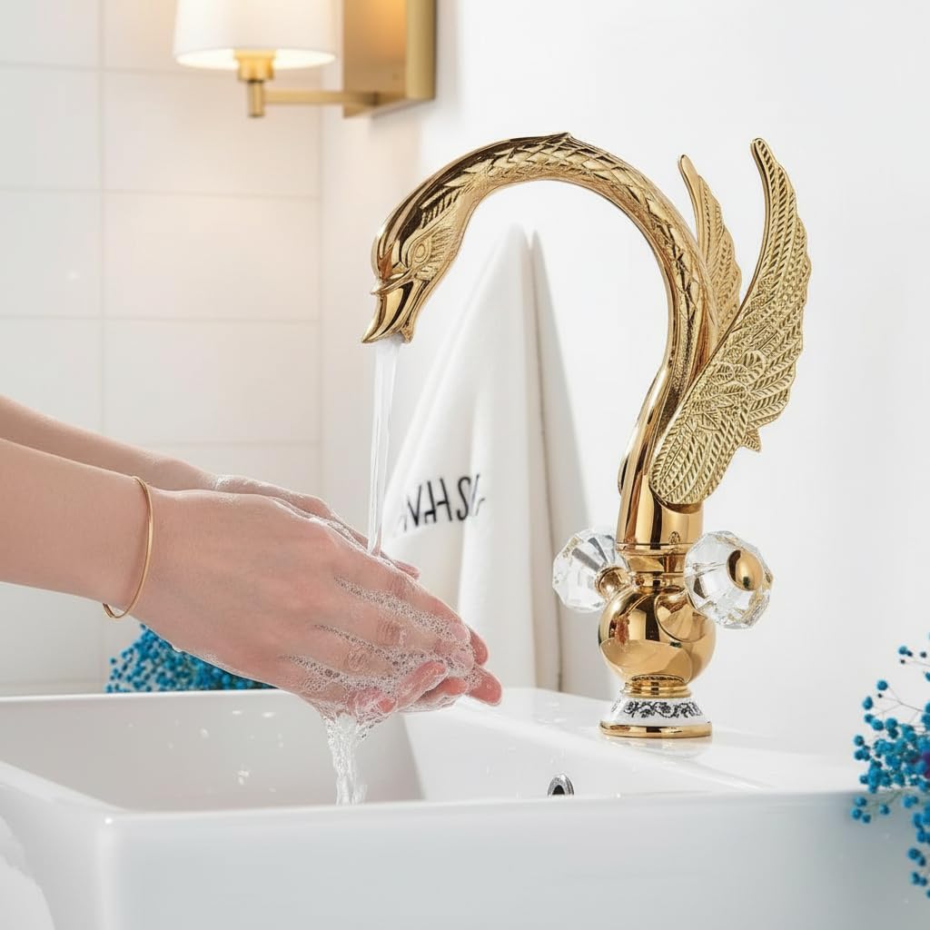 Suguword Waschtischarmatur mit Schwanendesign Einloch-Deckmontagehahn Modern für Badezimmer Gold A,