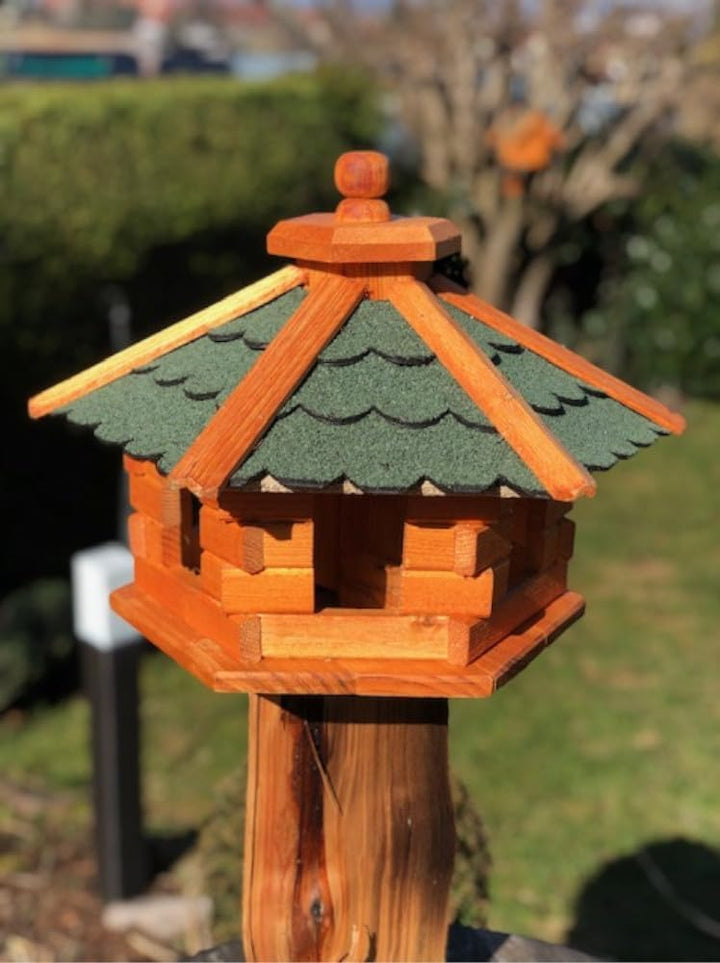 Handgefertigtes Sechseck Vogelhaus aus Holz wetterfest M - XXL mit und ohne Ständer, Futterhaus, Fut