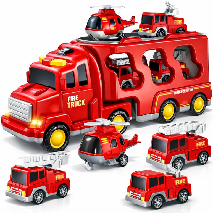 5-in-1 Feuerwehr-Spielzeug für Kleinkinder Jungen & Mädchen, Friktions-Auto-Transporter mit Licht &