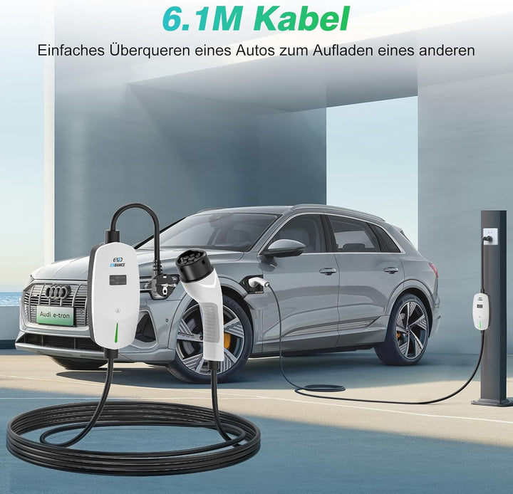 EVDANCE Ladekabel Typ 2 Schuko 6.1m 3.68KW Tragbares Ladegerät mit OLED Bildschirm 6-16A für PHEV/EV