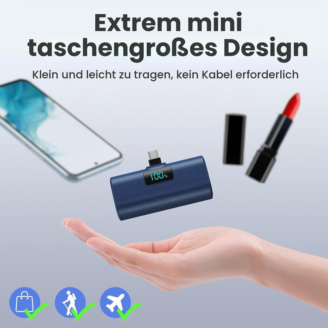 Mini Powerbank 5200mAh, Klein Power Bank USB C PD Externer Akku, Compact LCD Digitalanzeige Akkupack