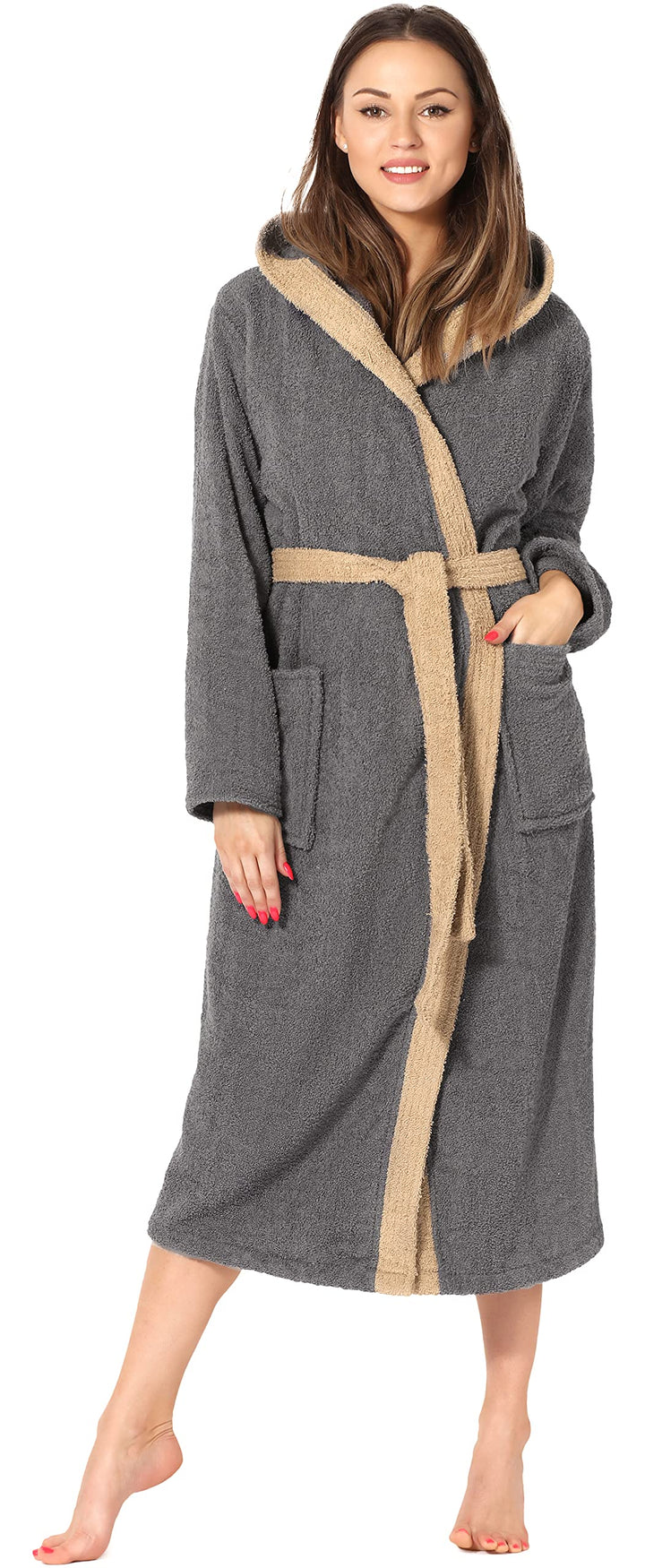 Ladeheid Damen Frottee Bademantel mit Kapuze aus 100% Baumwolle LA40-102 S Dunkelgrau-12/Beige-8, S