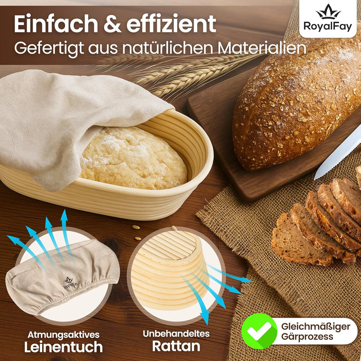 Gärkörbchen-Set – 1 ovaler (23cm) + 1 runder (23cm) Gärkorb aus atmungsaktiven Natur-Rattan – mit Me