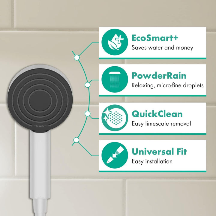 hansgrohe Pulsify S - wassersparender Duschkopf (EcoSmart+), Handbrause mit 1 Strahlart (PowderRain)