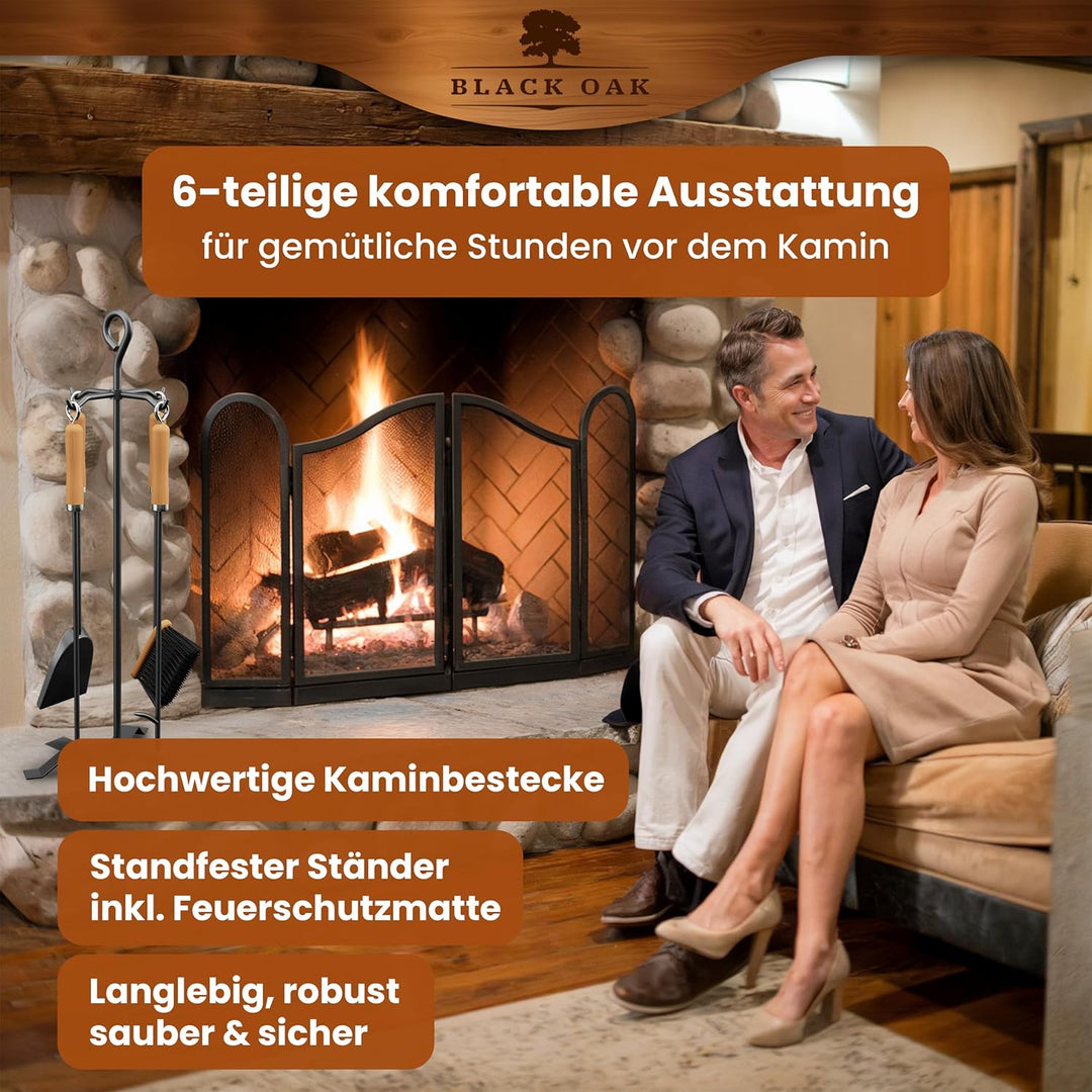 BLACK OAK Kaminbesteck ST. MORITZ 6-teilig mit Lederhandschuh - wohnliches & dekoratives Ofenbesteck