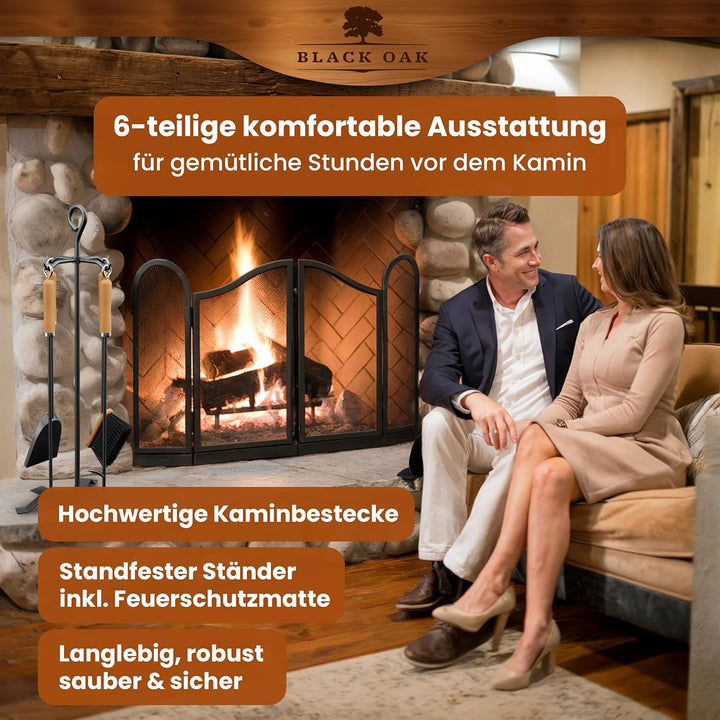 BLACK OAK Kaminbesteck ST. MORITZ 6-teilig mit Lederhandschuh - wohnliches & dekoratives Ofenbesteck