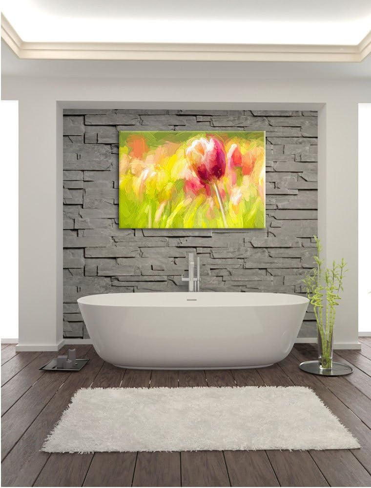 Pixxprint Blühende rote Tulpen Kunst als Leinwandbild/Grösse: 100x70 cm/Wandbild/Kunstdruck/fertig b