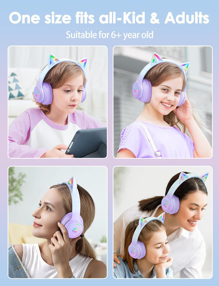 Bluetooth-Kopfhörer mit LED-Katzenohren – Kabelloses Over-Ear Headset mit Mikrofon, Hi-Fi Stereo-Sou