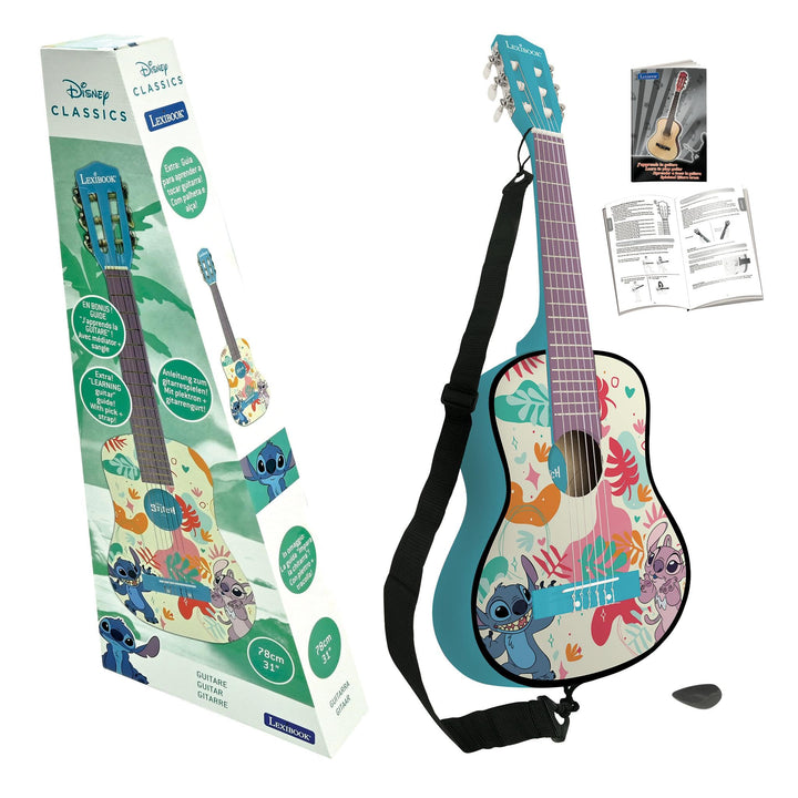 Lexibook, Disney Stitch, Meine erste Akustikgitarre aus Holz, 6 Nylonsaiten, 78 cm (30"), Lernanleit