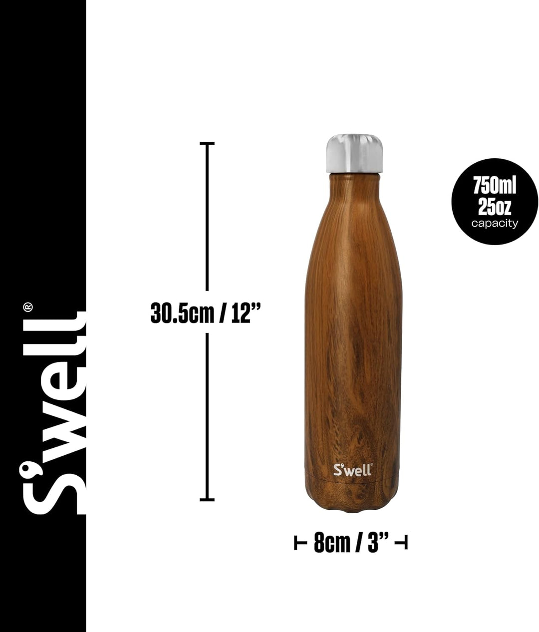 S'well Wiederverwendbare Wasserflasche aus Edelstahl, 750 ml, Teakholz, dreifach isolierte und ausla