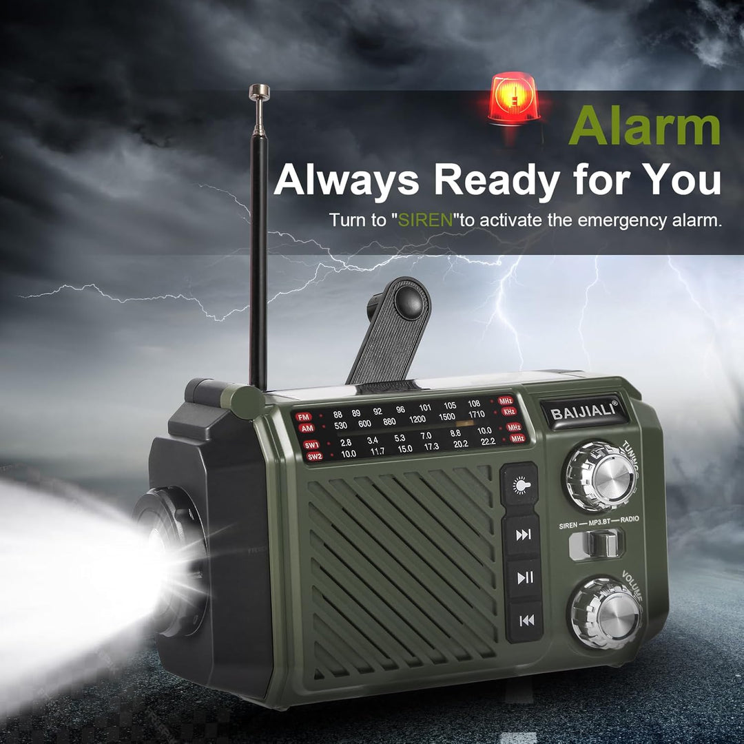 Kurbelradio Notfallradio mit 2600mAh Powerbank, Solar & USB-C Ladung, AM/FM/SW Weltempfänger, LED-Ta