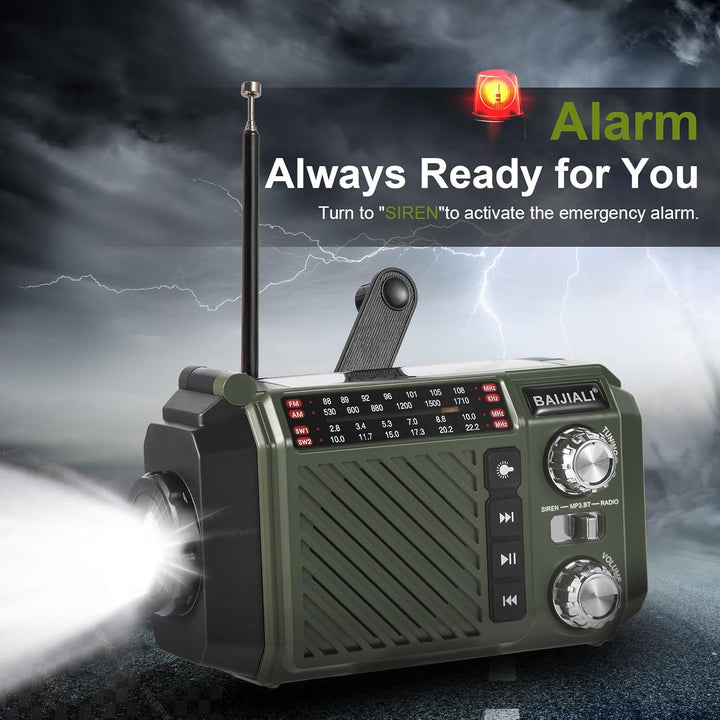 Kurbelradio Notfallradio mit 2600mAh Powerbank, Solar & USB-C Ladung, AM/FM/SW Weltempfänger, LED-Ta