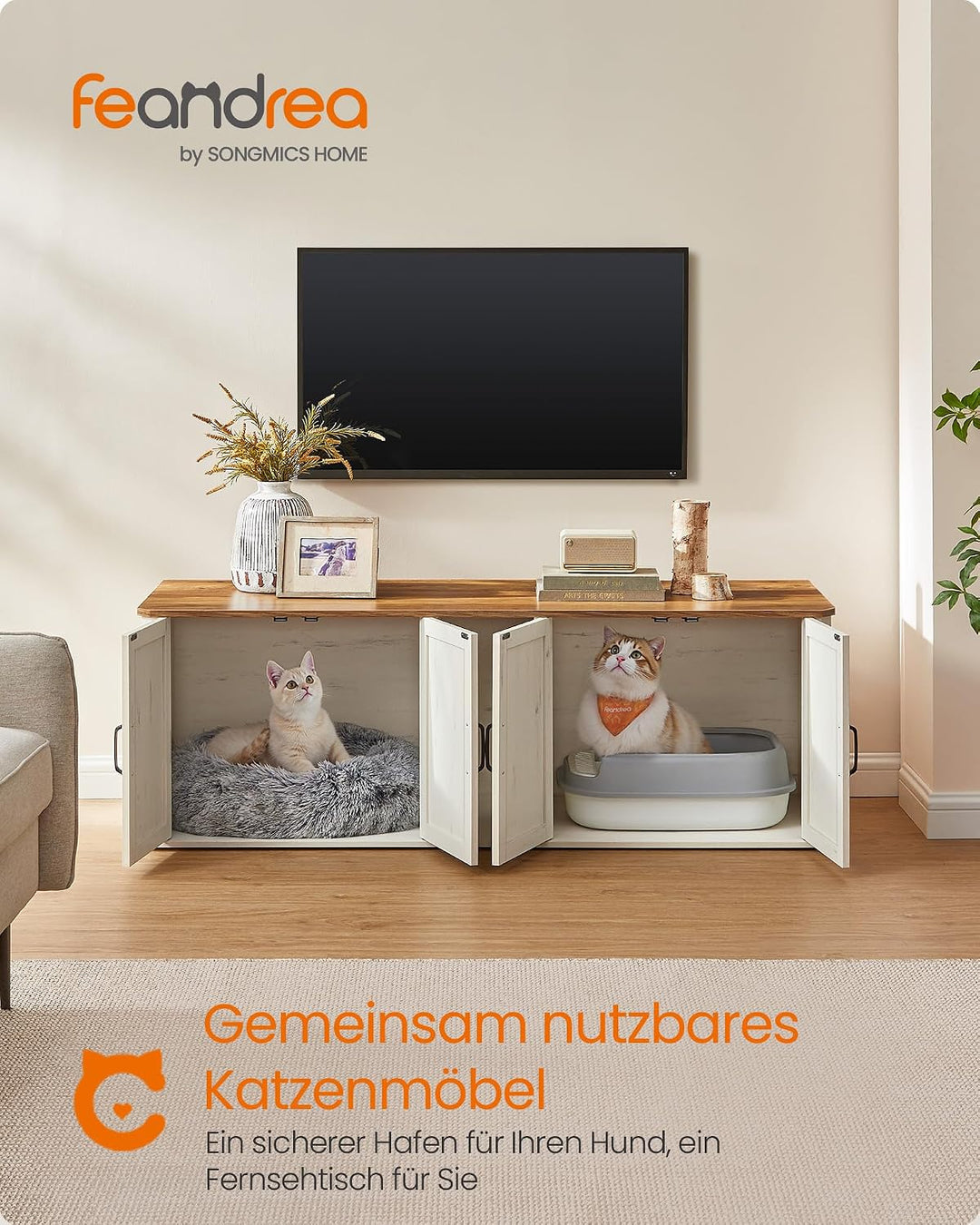 Feandrea Katzenklo-Schrank, Moderne Katzentoilette, Katzenhaus, Vordereingang, Beistelltisch, TV-Sch