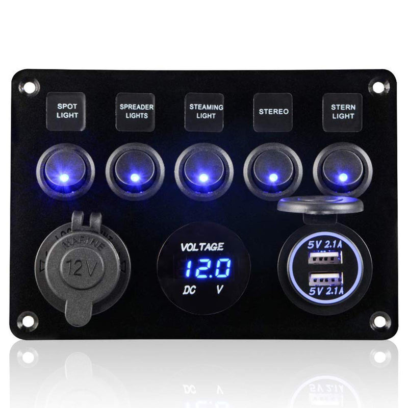 5 Gang Schalter Panel, 12V/24V Kippschalter Panel IP65 Wasserdichte LED Voltmeter Dual USB Buchse La