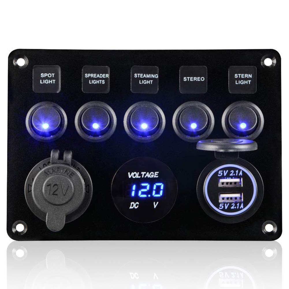 5 Gang Schalter Panel, 12V/24V Kippschalter Panel IP65 Wasserdichte LED Voltmeter Dual USB Buchse La