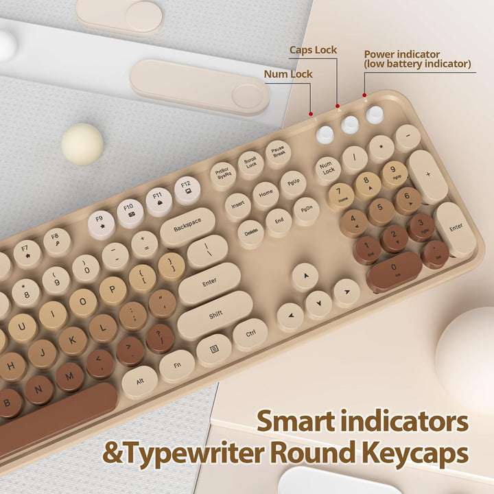 SOLIDEE kabellose Tastatur- und Maus-Kombination,Retro-Schreibmaschinen-Tastatur,2.4GHz runde Tasten