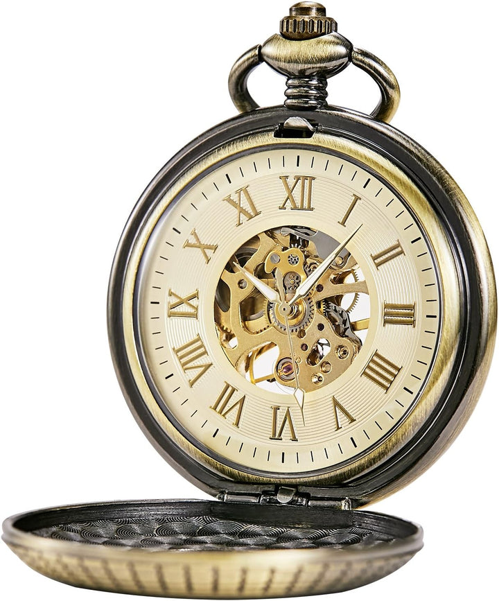 TREEWETO Unisex Holz Taschenuhr mit Kette Analog Handaufzug Skelett Römische Ziffern (Holz066)