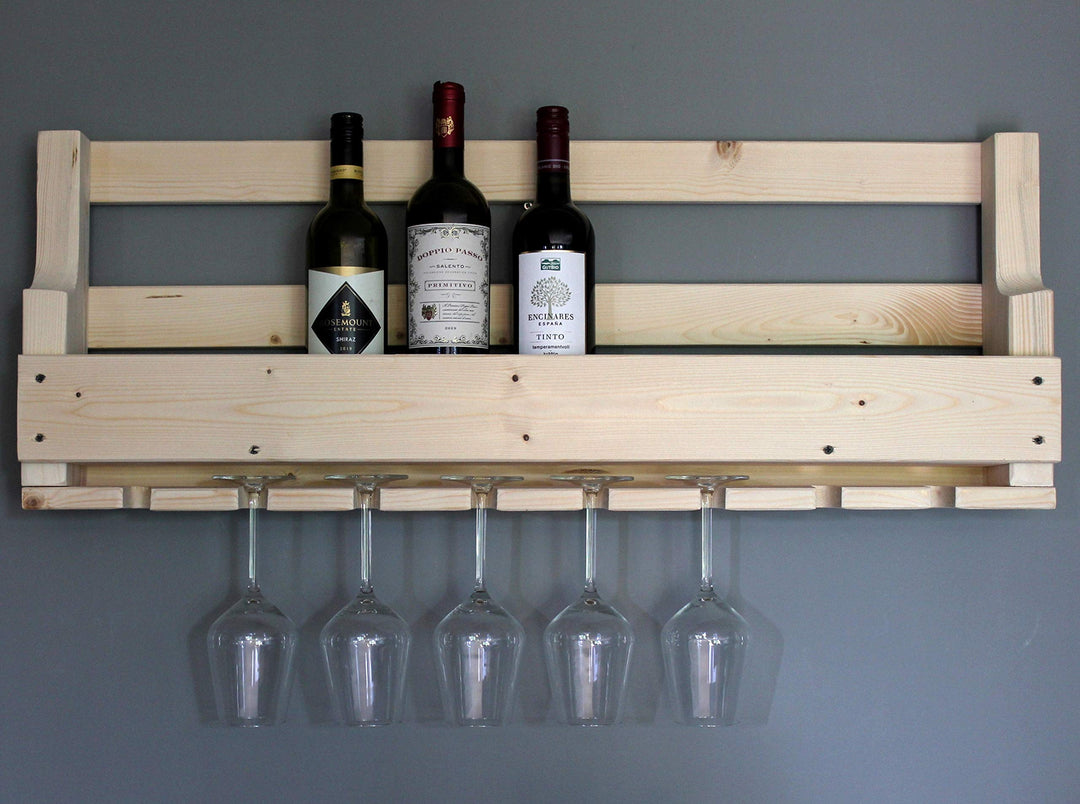 Dekorie Weinregal aus Holz für die Wand - mit Gläserhalter - Natur - fertig montiert - Regal für Wei
