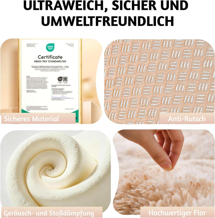 Teppich Wohnzimmer Khaki Ø 120 cm Flauschig Weich | Hochflor-Teppich, waschbar, rutschfest, weich. P