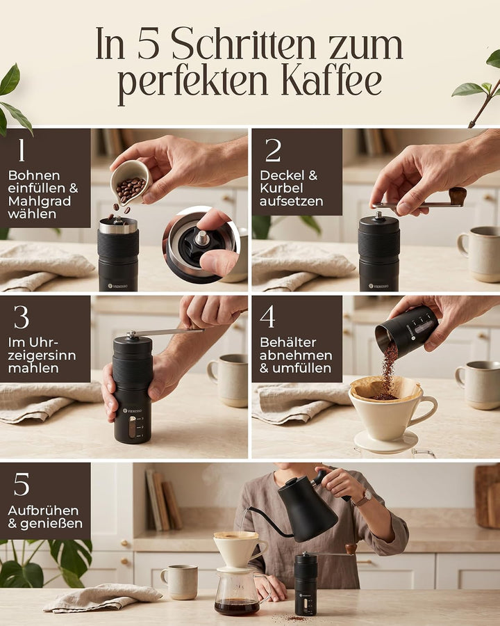 Kaffeemühle Manuell mit Keramikmahlwerk | Kompakte Handkaffeemühle mit stufenloser-Mahlgradeinstellu