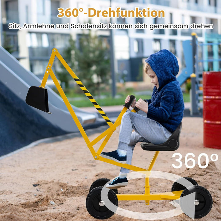 COSTWAY Sitzbagger 360° drehbar, Bagger zum Draufsitzen mit Schaufel & Rädern, Kinderbagger Metall,