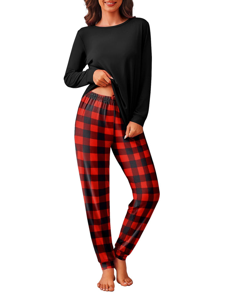 Ekouaer Schlafanzug Damen Lang Zweiteiler Pyjama Langarm Warm Pyjama Set Weich Nachtwäsche Kariert,