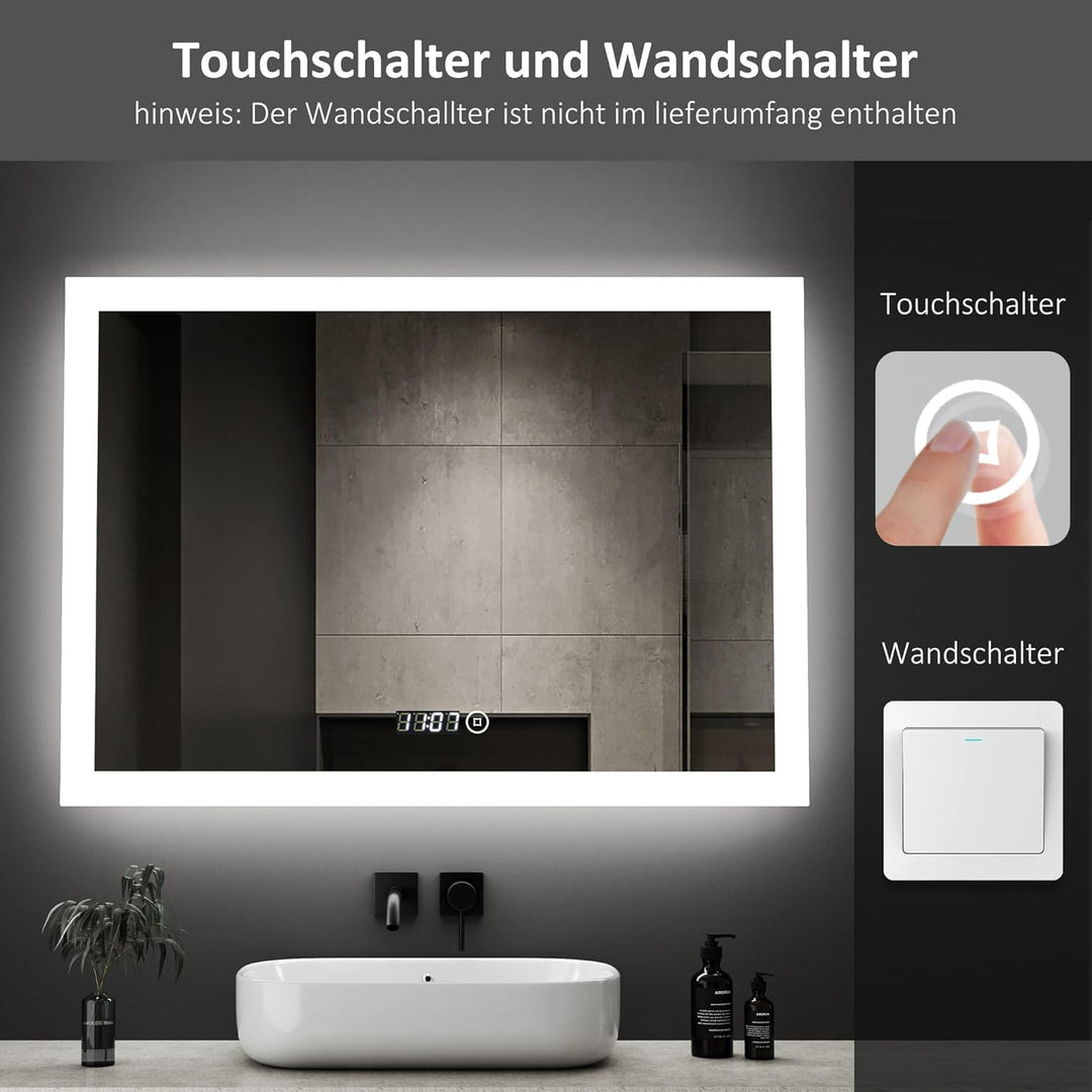 Boromal Badspiegel mit Beleuchtung und Uhr 80x60cm Badezimmer Spiegel mit Beleuchtung 3 Lichtfarbe D