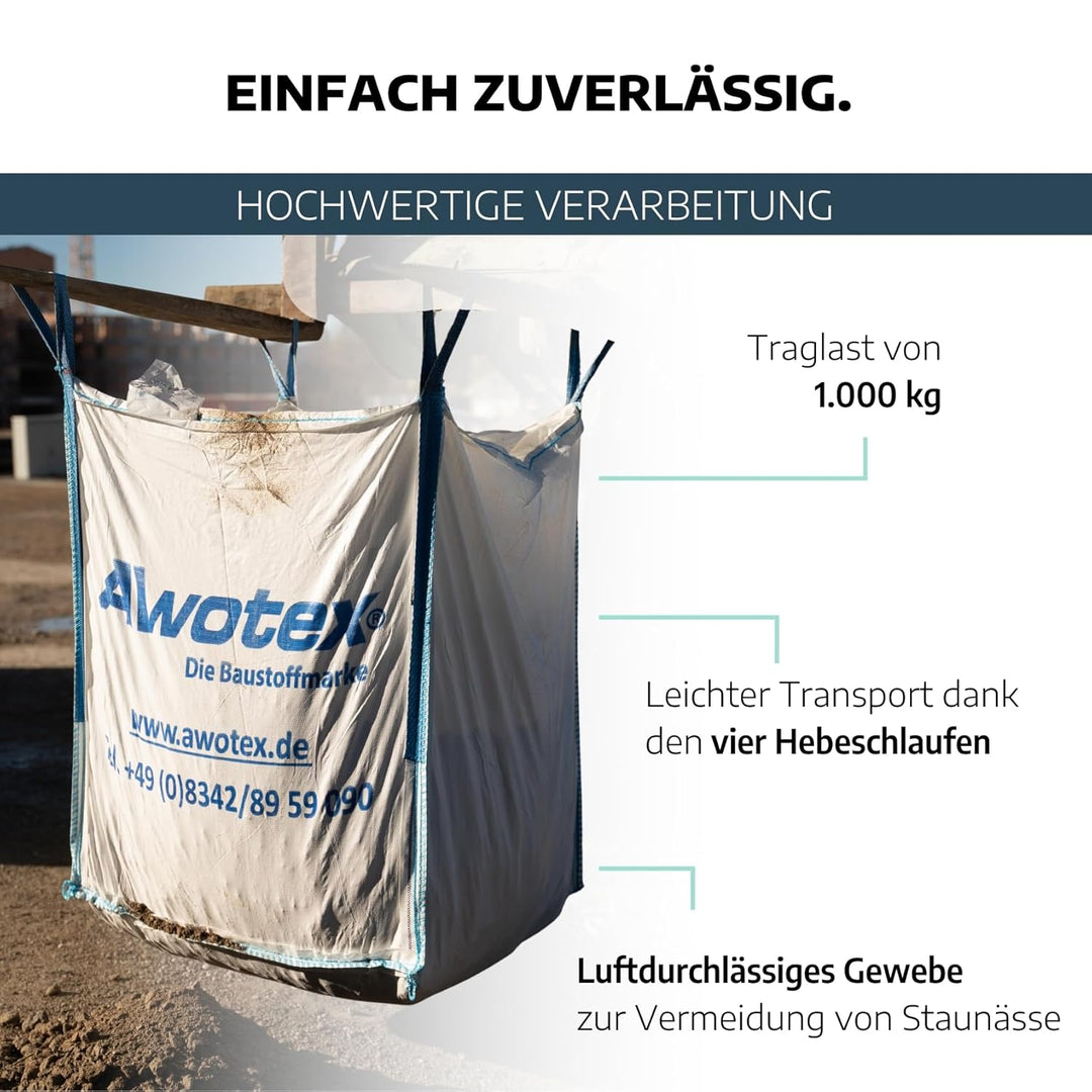 AWOTEX 1 Stück Big Bag beschichtet in 90 x 90 x 110 cm I Sack mit 4 Hebeschlaufen I mit 1000kg Tragl