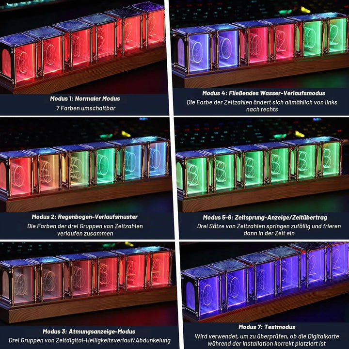 Nixie Tube Clock, RGB LED Röhrenuhr, LED Nixie Uhr, 12/24-Stunden-Anzeige, einstellbare Helligkeit u