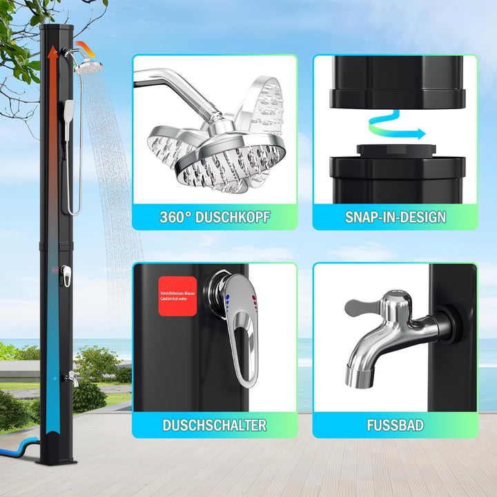 Jiubiaz Solardusche 40L Solar Gartendusche warmes Wasser Bis Zu 60°C Ohne Stromanschluss Pooldusche