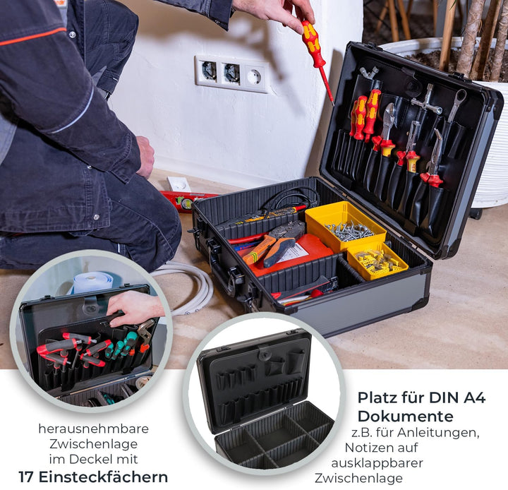 HMF 14601-02 Alu Werkzeugkoffer leer, verstellbare Facheinteilung, 46 x 15 x 33 cm